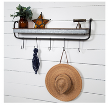 Load image into Gallery viewer, Rustic Galvanized metal wall shelf with hooks.