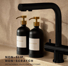 Load image into Gallery viewer, Hand and Dish Soap Dispenser for Kitchen and Bathroom, Set of 2 16 Oz Glass Bottles, Stainless Steel Pumps, Non-Slip Silicone Base, 27 Waterproof Labels (Matte Black Bottle/Brushed Gold Pump
