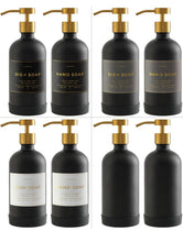 Load image into Gallery viewer, Hand and Dish Soap Dispenser for Kitchen and Bathroom, Set of 2 16 Oz Glass Bottles, Stainless Steel Pumps, Non-Slip Silicone Base, 27 Waterproof Labels (Matte Black Bottle/Brushed Gold Pump
