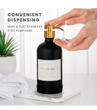 Load image into Gallery viewer, Hand and Dish Soap Dispenser for Kitchen and Bathroom, Set of 2 16 Oz Glass Bottles, Stainless Steel Pumps, Non-Slip Silicone Base, 27 Waterproof Labels (Matte Black Bottle/Brushed Gold Pump