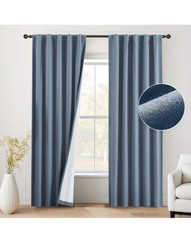 100% Blackout Curtains 84 Inches Long 2 Panels for Bedroom Living Room Blue with White Back Farmhouse Room Darkening Thermal Insulated Back Tab Rod Pocket Window Treatment Drapes, 52X84