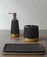 Load image into Gallery viewer, 3-Pc bath accessory set in black and gold.