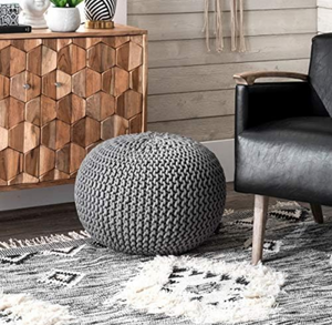 Round Knit Pouf - Hand Woven Cotton Dark Grey.