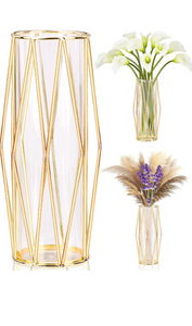 Gold Flower Vases for Decor: Modern Geometric Vases for Flowers Metal Decorative Vase for Home Living Room Decorations Cute Golden Vases for Centerpieces Dining Room Table Wedding 11Inch