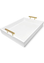 Load image into Gallery viewer, White Coffee Table Tray with Gold Handles, 16 x 12 Inch Wood Food Serving Tray, Works As Bathroom Vanity Tray, Ottoman Tray for Living Room, and Organizer