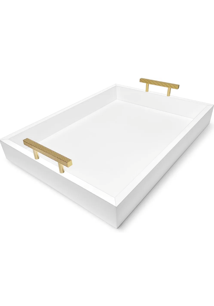 White Coffee Table Tray with Gold Handles, 16 x 12 Inch Wood Food Serving Tray, Works As Bathroom Vanity Tray, Ottoman Tray for Living Room, and Organizer