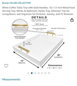 White Coffee Table Tray with Gold Handles, 16 x 12 Inch Wood Food Serving Tray, Works As Bathroom Vanity Tray, Ottoman Tray for Living Room, and Organizer