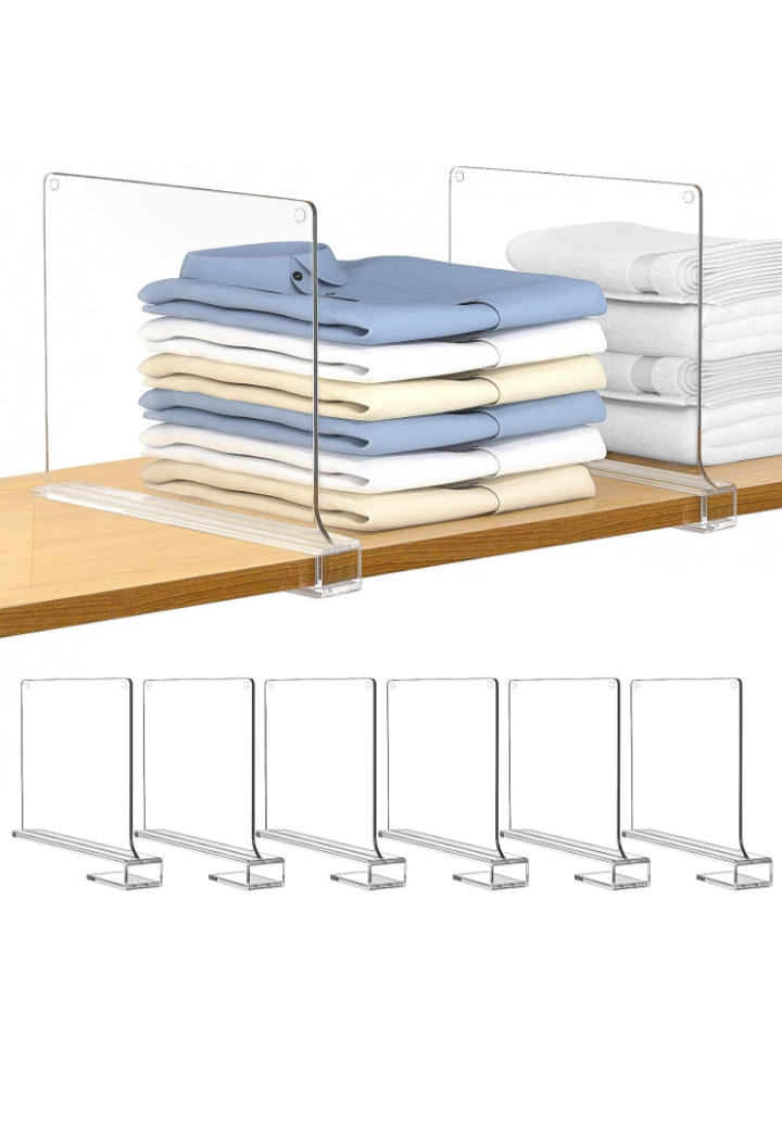 6 PCS Shelf Dividers for Closet Organization Acrylic Clear Closet Shelf Divider for Wooden Shelving Suitable for Wooden or Vertical Shelves Or Bedroom, Kitchen and Office