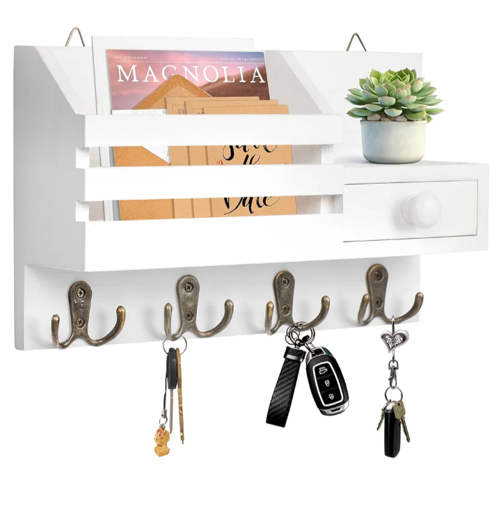 Key Mail Holder for Wall, White Wooden Key Mail Organizer with Drawer Wall Mount Key Rack with Shelf Key Storage Hanger with 8 Key Hooks for Entryway Hallway 2 Installation Methods