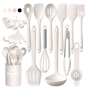 Kitchen Utensils Set, Umite Chef 22Pcs Silicone Cooking Utensils Set, Heat Resistant Silicone Kitchen Spatulas Set with Holder, White Cooking Gadgets Tools Set for Nonstick Cookware, Dishwasher Safe