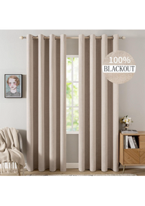 MIULEE 100% Blackout Linen Textured Curtains for Bedroom Solid Thermal Insulated Natural Beige Grommet Room Darkening Curtains & Drapes Luxury Decor for Living Room Nursery 52 x 120 Inch (2 Panels)