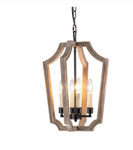 4 light black foyer lantern pendant -light with natural wood accents.