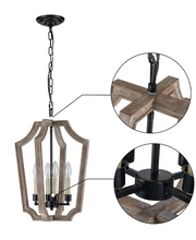 Load image into Gallery viewer, 4 light black foyer lantern pendant -light with natural wood accents.