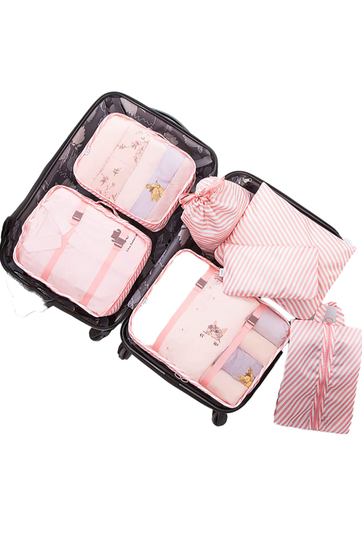 7 Set Travel Storage Bags, Multi-functional packing cubes for suitcase  (pink stripe)