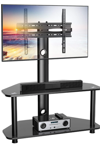 TV Floor Stand with Storage for 32-55 inch TVs, Swivel Corner TV Stand with Mount for Media, Glass Entertainment Center.