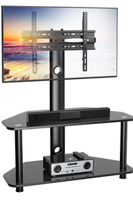 TV Floor Stand with Storage for 32-55 inch TVs, Swivel Corner TV Stand with Mount for Media, Glass Entertainment Center.