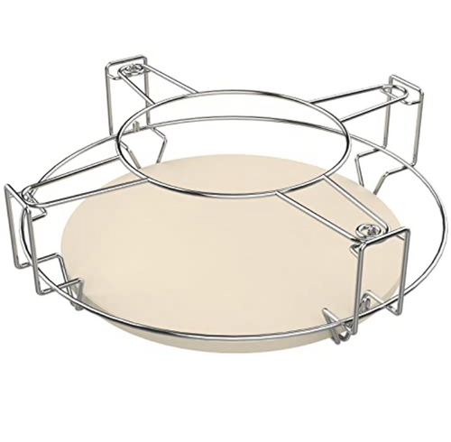 Flexible Cooking Rack and Pizza Stone Set for Kamado Joe KJ-FCR Classic, Large Big Green Egg, Pit Boss and Other Kamado Grills, 18 Inch Multi-level Stand with Half Moon Ceramic Grills Kit.