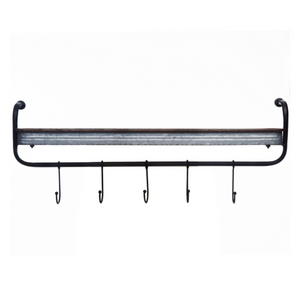 Rustic Galvanized metal wall shelf with hooks.