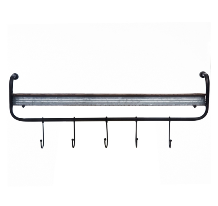 Rustic Galvanized metal wall shelf with hooks.