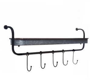 Rustic Galvanized metal wall shelf with hooks.