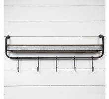 Load image into Gallery viewer, Rustic Galvanized metal wall shelf with hooks.