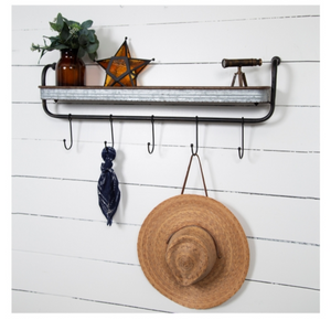 Rustic Galvanized metal wall shelf with hooks.