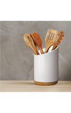 Load image into Gallery viewer, Extra-Large Ceramic Kitchen Utensil Holder for Countertop with Acacia Wooden Base - Utensil Caddy, 5.5 x 7.5 Inches，White