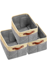 Vextronic Collapsible Storage Bins, Fabric Storage Baskets for Shelves, Canvas Decorative Storage Bins with Handles, Foldable Storage Baskets for Organizing Toys Clothes Closet, Gray & Beige 3 Pack
