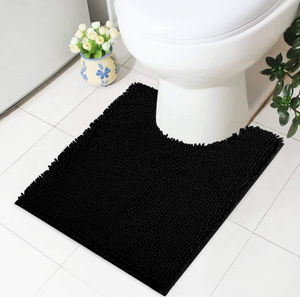 Chenille U-Shaped Toilet Bathroom Rugs, Soft Absorbent Non-Slip Contoured Rugs, Machine Washable Contour Bath Mats for Bathroom Toilet, 20" x 24", Black