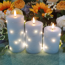 Load image into Gallery viewer, Flameless Candle with Embedded Starlight String, 3 LED Candles, 11 Key Remote Control, 24 Hour Timer Function, Dancing Flame, True Wax, Battery Powered.