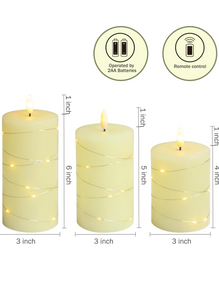 Flameless Candle with Embedded Starlight String, 3 LED Candles, 11 Key Remote Control, 24 Hour Timer Function, Dancing Flame, True Wax, Battery Powered.