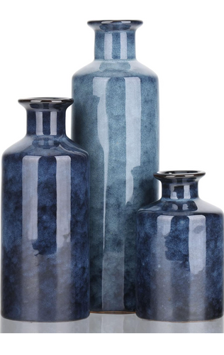 Blue Ceramic Vases Set - 3 Waterproof Blue Vase, Farmhouse Country Blue Vases Home Decor, Living Room Decoration,