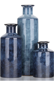 Blue Ceramic Vases Set - 3 Waterproof Blue Small Vase, Farmhouse Country Blue Vases Home Decor, Living Room Decoration,