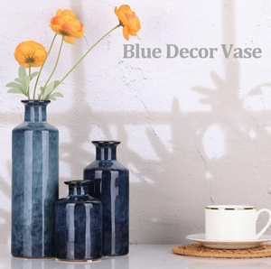 Blue Ceramic Vases Set - 3 Waterproof Blue Vase, Farmhouse Country Blue Vases Home Decor, Living Room Decoration,