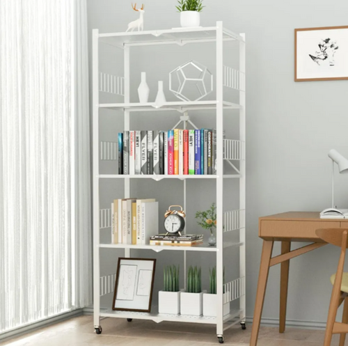 MOLYHOM Folding Storage Shelves, 5-Tier Metal Collapsible Shelves with Wheels, Shelving Units and Storage Rack, Rolling Shelf No Assembly…