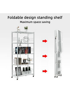MOLYHOM Folding Storage Shelves, 5-Tier Metal Collapsible Shelves with Wheels, Shelving Units and Storage Rack, Rolling Shelf No Assembly…