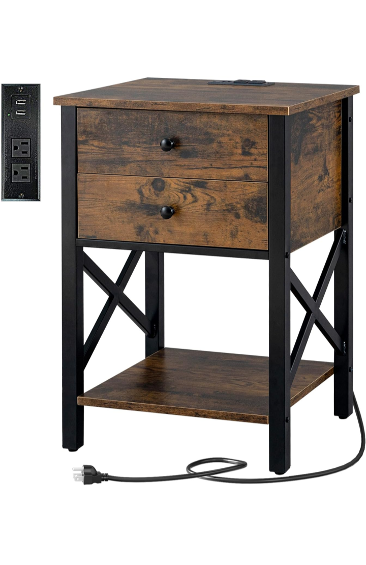 Clikuutory Modern Nightstand with Charging Station and USB Ports, End Table with 2 Drawers, Bedside Table with Open Storage Shelf and Steel Frame for Bedroom, Rustic Brown