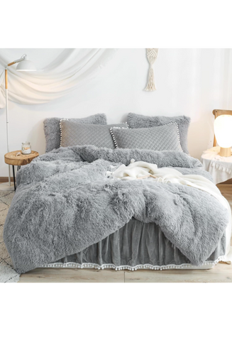 Luxury Plush Shaggy Flannel Velvet (1 Faux Fur Duvet Cover + 2 Pillowcases) Fluffy Comforter Bedding Sets 3 Pieces,Zipper Closure (Gray, Queen)