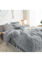 Load image into Gallery viewer, Luxury Plush Shaggy Flannel Velvet (1 Faux Fur Duvet Cover + 2 Pillowcases) Fluffy Comforter Bedding Sets 3 Pieces,Zipper Closure (Gray, Queen)