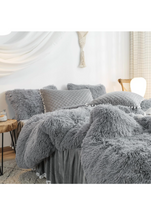 Load image into Gallery viewer, Luxury Plush Shaggy Flannel Velvet (1 Faux Fur Duvet Cover + 2 Pillowcases) Fluffy Comforter Bedding Sets 3 Pieces,Zipper Closure (Gray, Queen)