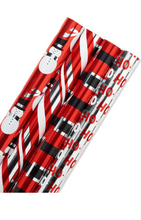 Load image into Gallery viewer, American Greetings 80 sq. ft. Reversible Christmas Wrapping Paper Bundle, Red, Black and Silver Foil, Candy Cane Stripe, Snowmen and Santa Belt (4 Rolls 30 in. x 8 ft.)