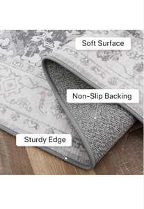 3X5 Area Rugs Machine Washable Runner Rugs for Living Room Bedroom Hallway, Non Slip Indoor Soft Accent Distressed Boho Vintage Print Lightweight Thin Low Pile Carpet, Grey