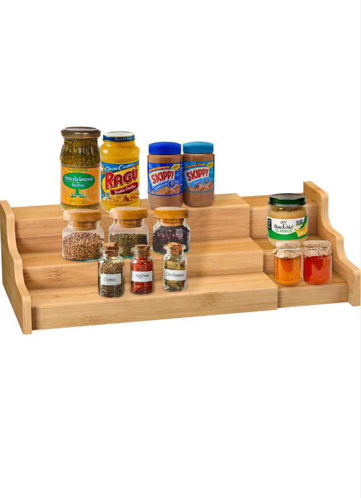 Spice Rack Kitchen Cabinet Organizer- 3 Tier Bamboo Expandable Display Shelf Yellow
