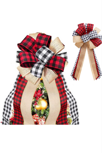 Christmas 6 Tree Topper Bows  Plaid Christmas Tree Decorations and Ornaments, Red Plaid Bow and Lengthened Ribbon Xmas Indoors Home Decor, Handmade.
