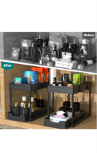 Load image into Gallery viewer, 2 Pack Double Sliding Under Sink Organizers and Storage, 2 Tier Under Bathroom Cabinet Shelf Organizer with Hooks Hanging Cup, Home Organization, Black