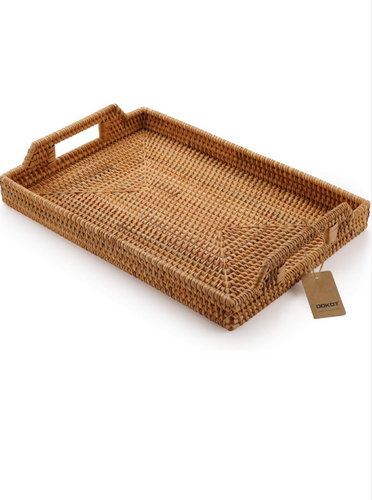 Hand-Woven Rattan Rectangular Serving Tray with Handles for Breakfast, Drinks, Snack for Coffee Table (17x11.4x1.8inches)