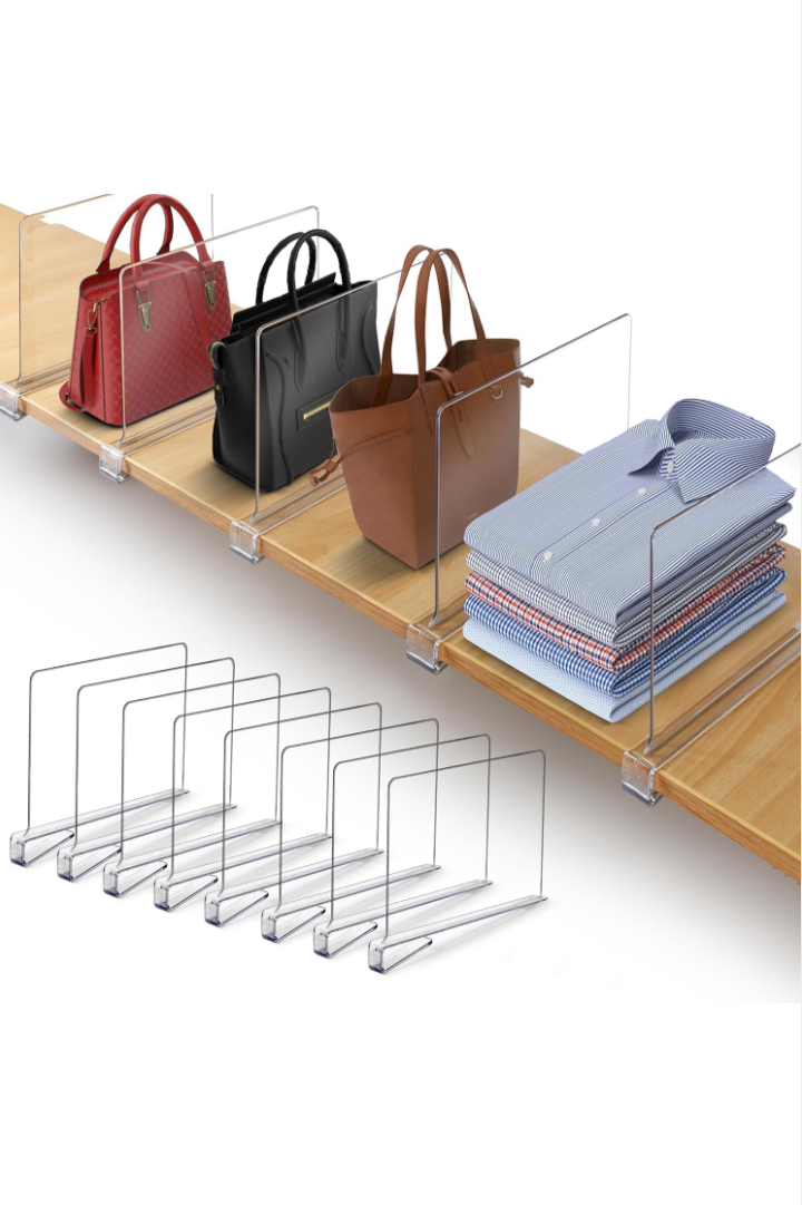 Acrylic Shelf Dividers for closet organization clothes, purse organizer.
