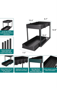 2 Pack Double Sliding Under Sink Organizers and Storage, 2 Tier Under Bathroom Cabinet Shelf Organizer with Hooks Hanging Cup, Home Organization, Black
