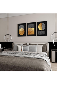 LUCCAZINI Abstract minimalist shapes geometric wall art in gold, grey and white on black background set of 3 12x16inch each panel canvas stretched on wood frame