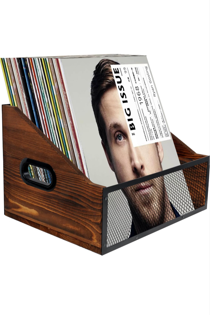 Record Storage, Rustic record Holder,Record Crates for Vinyl, Pine Wood & Metal Record Box for Display, 60-Record Capacity LP Album Organizer